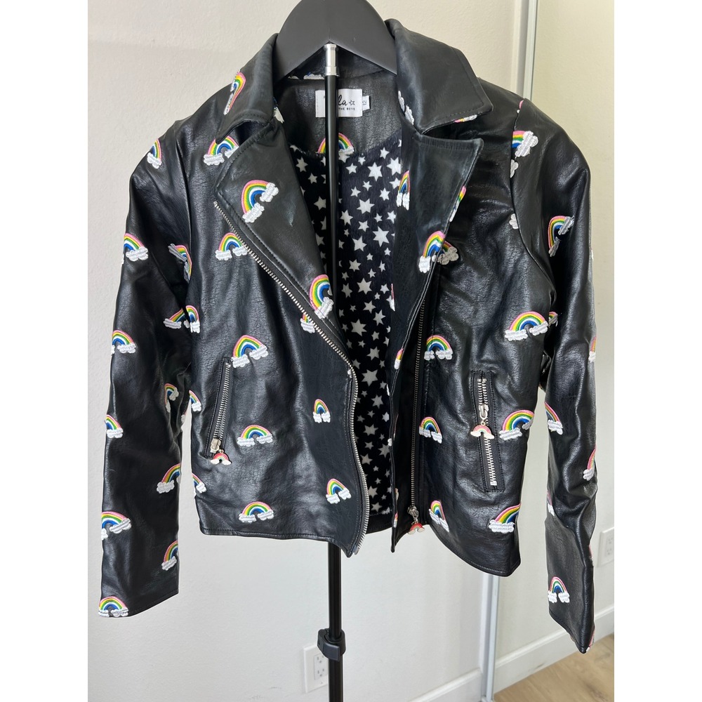 Lola + The Boys Kids Black Vegan Leather Rainbow Embroidered Moto Jacket Size 12